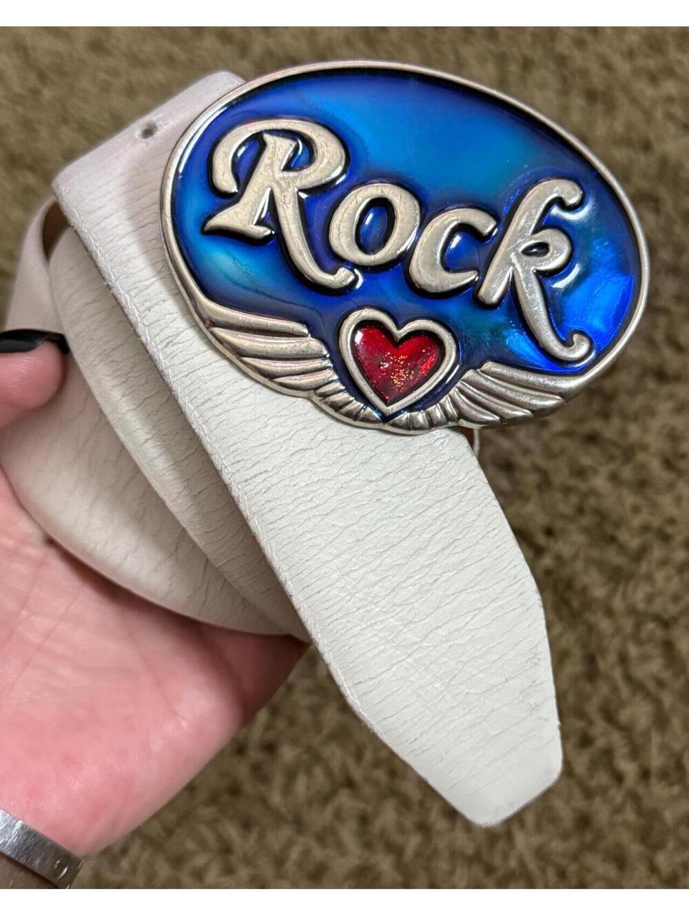 Vintage Statement Belt White Leather + ROCK Enamel Buckle XL